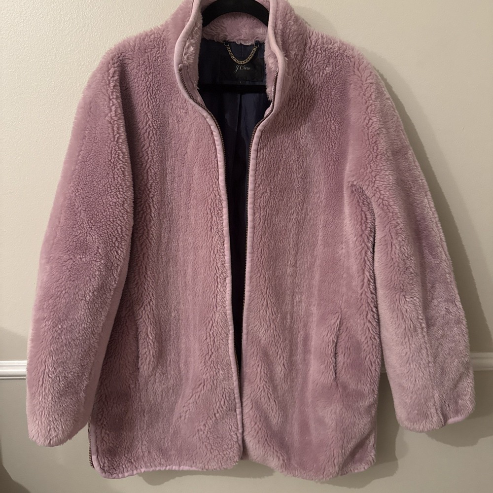 J. Crew Teddy Faux Fur Full Zip Coat Lilac Wisteria Large - Picture 2 of 4